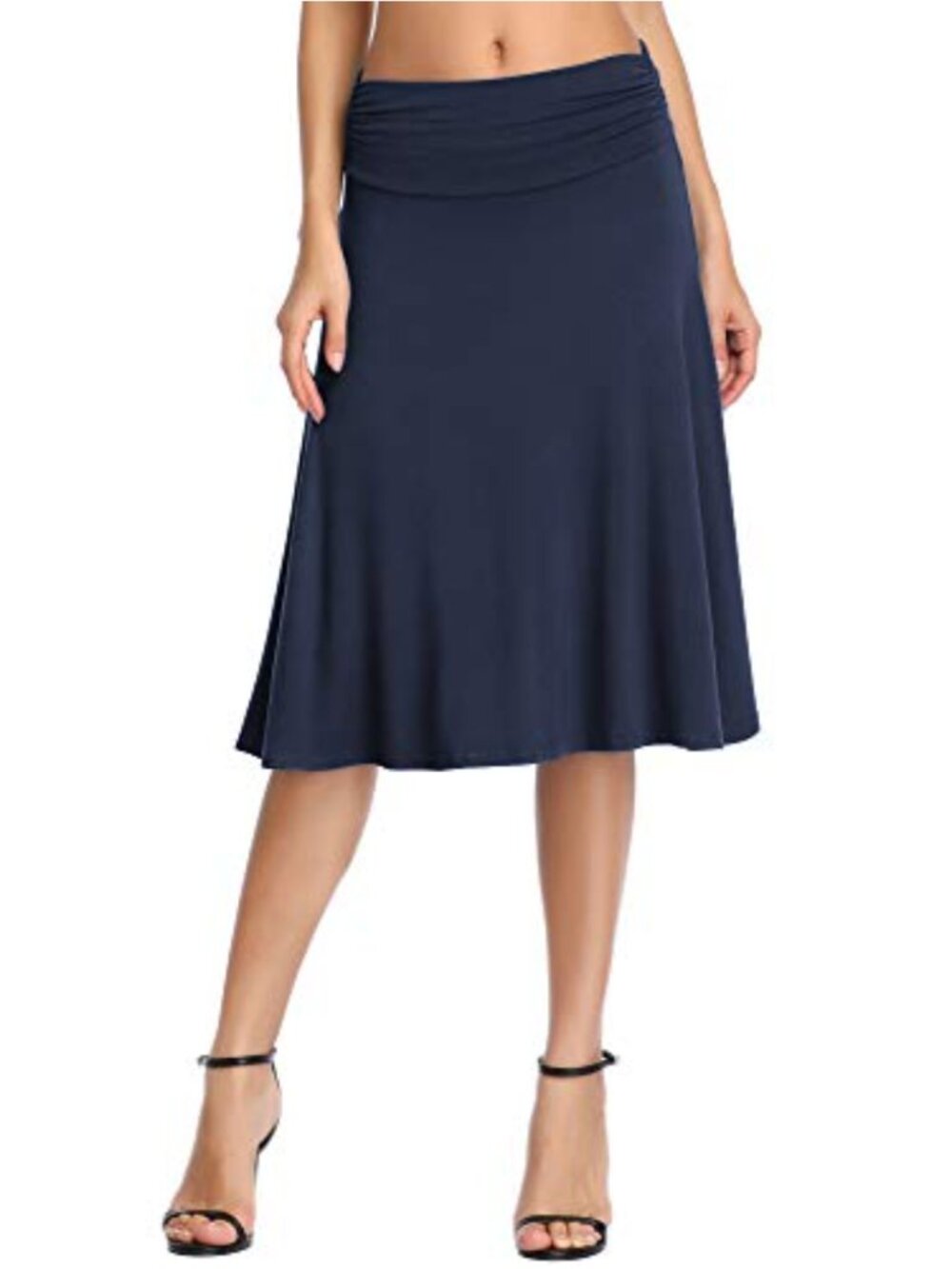 Ruched High Waist A-Line Midi Skirt - Polyester Stretchy Flared Casual